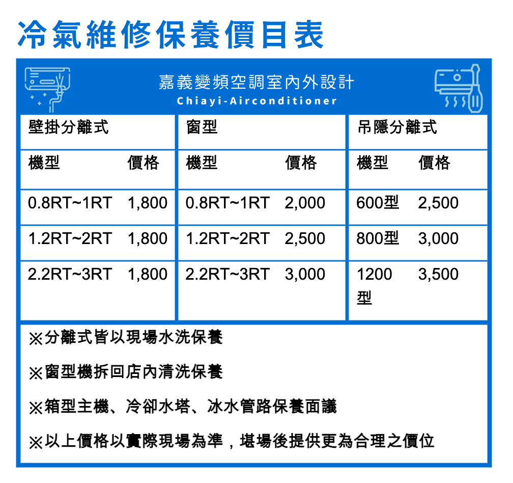 嘉義變頻空調 價目表 冷氣保養維修